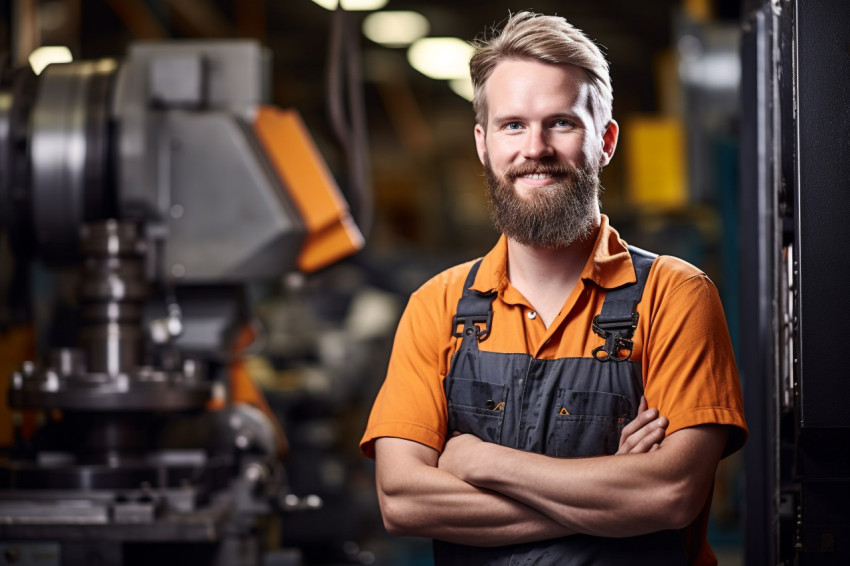 Confident machinist working on blurred background Confident machinist working on blurred background