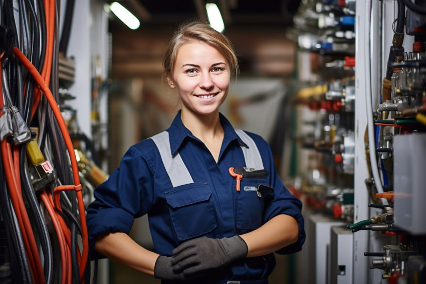 Woman plumber hard at work on blurred background Woman plumber hard at work on blurred background