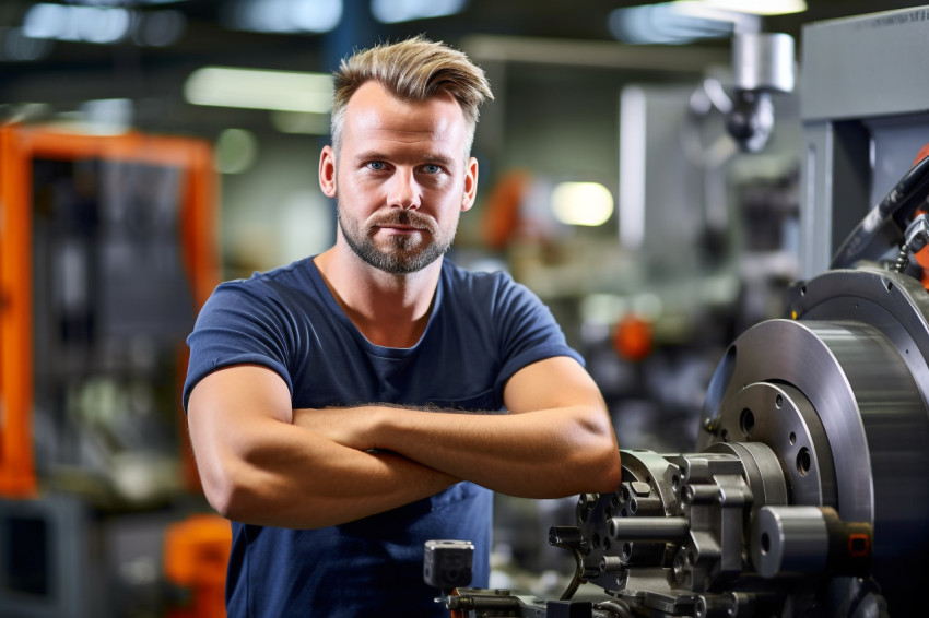 Confident machinist working on blurred background Confident machinist working on blurred background