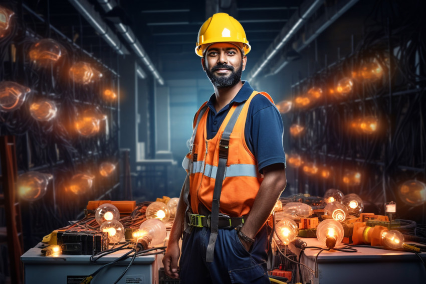 Indian electrician working with a smile on blurred background Indian electrician working with a smile on blurred background
