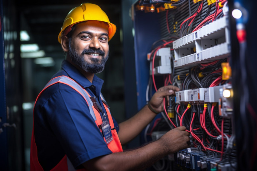Indian electrician working with a smile on blurred background Indian electrician working with a smile on blurred background