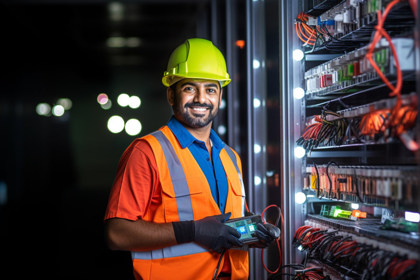 Indian electrician working with a smile on blurred background Indian electrician working with a smile on blurred background