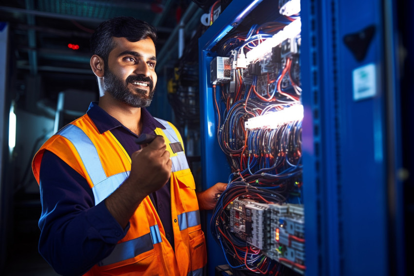Indian electrician working with a smile on blurred background Indian electrician working with a smile on blurred background