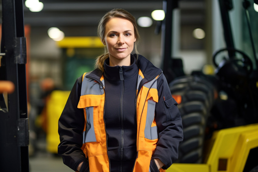 Female machinist working in a factory on blurred background Female machinist working in a factory on blurred background