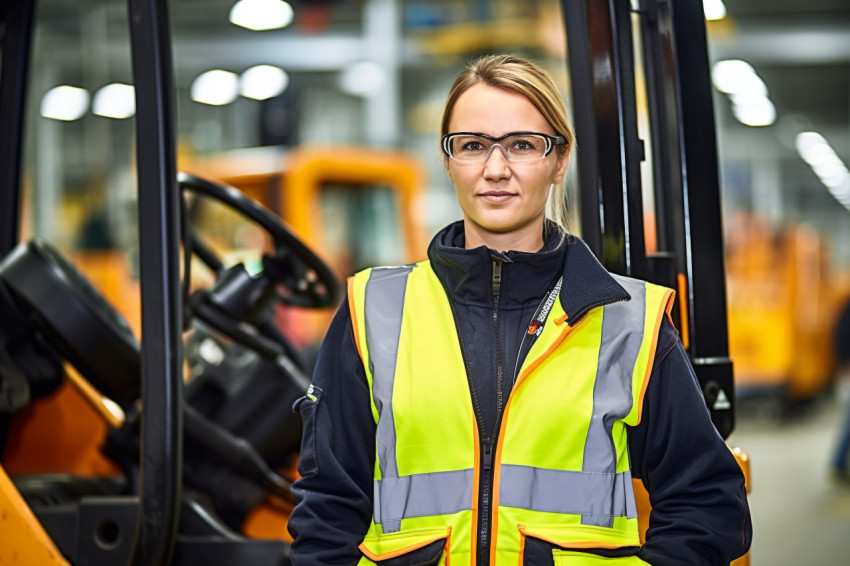 Female machinist working in a factory on blurred background Female machinist working in a factory on blurred background