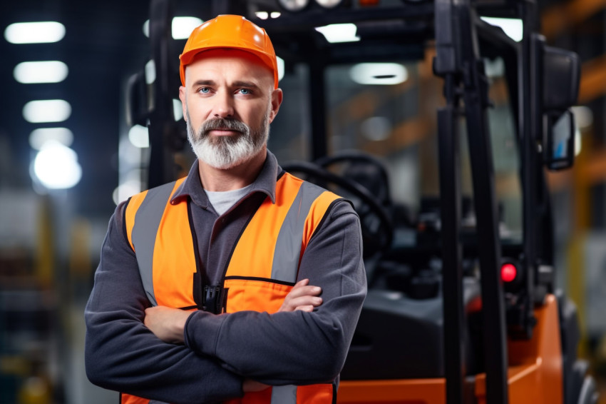 Machine operator confidently working on blurred background Machine operator confidently working on blurred background