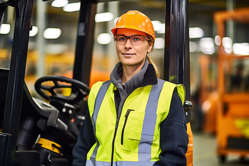 Female machinist working in a factory on blurred background Female machinist working in a factory on blurred background
