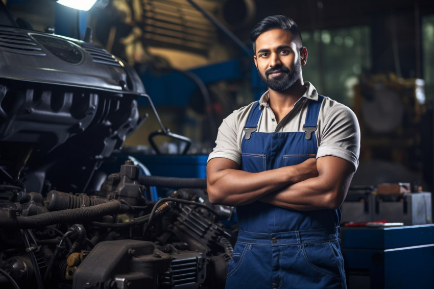 Indian mechanic working with confidence on blurred background Indian mechanic working with confidence on blurred background