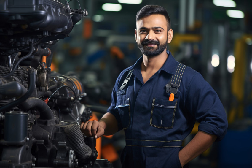 Indian mechanic working with confidence on blurred background Indian mechanic working with confidence on blurred background