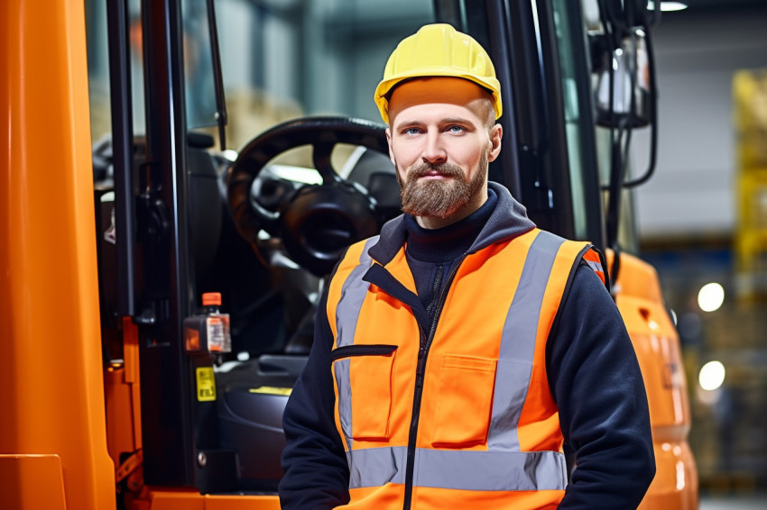 Machine operator confidently working on blurred background Machine operator confidently working on blurred background