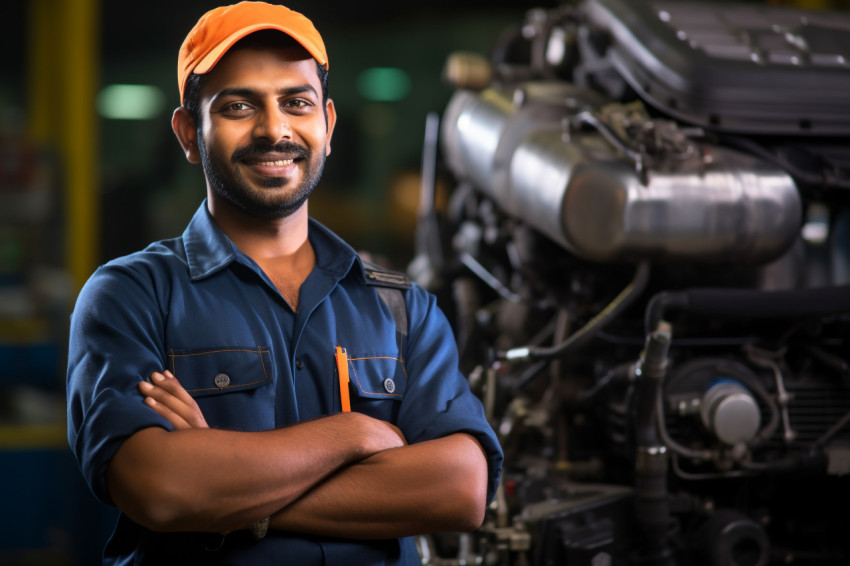 Indian mechanic working with confidence on blurred background Indian mechanic working with confidence on blurred background
