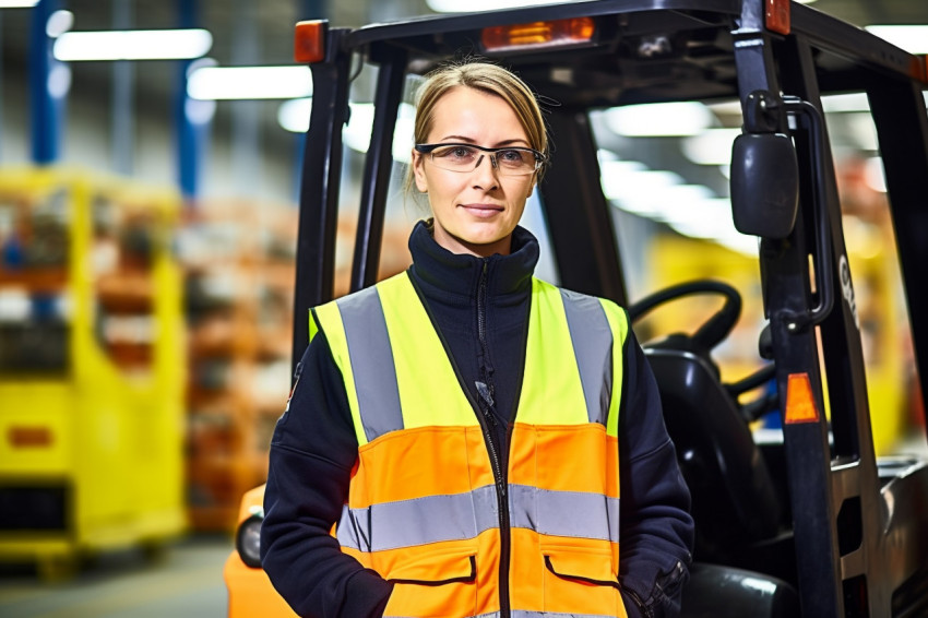 Female machinist working in a factory on blurred background Female machinist working in a factory on blurred background