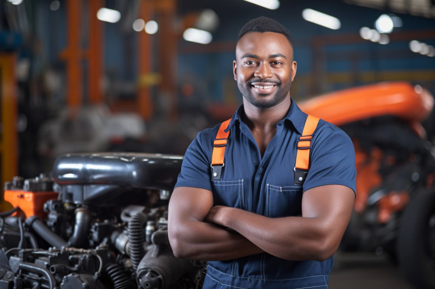 Indian mechanic working with confidence on blurred background Indian mechanic working with confidence on blurred background