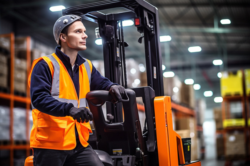 Machine operator confidently working on blurred background Machine operator confidently working on blurred background
