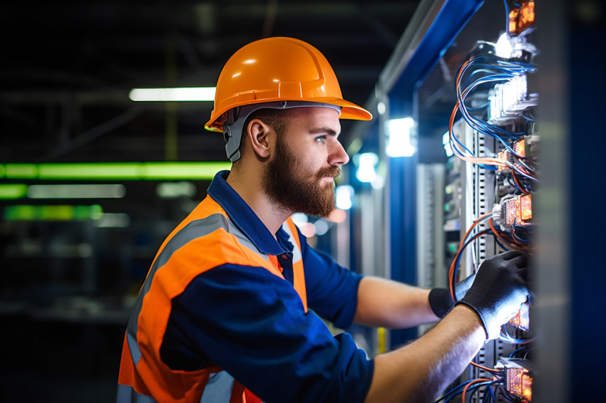Electrician working on blurred background Electrician working on blurred background