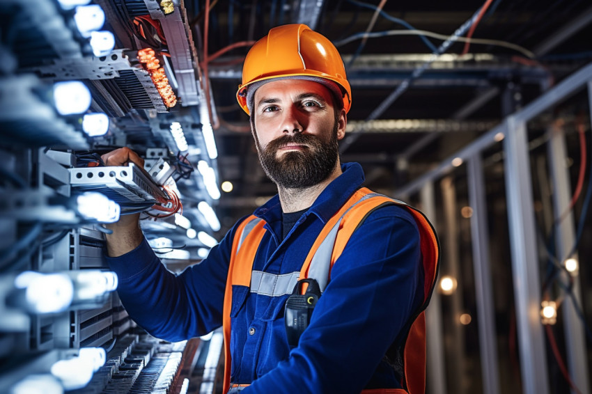 Electrician working on blurred background Electrician working on blurred background