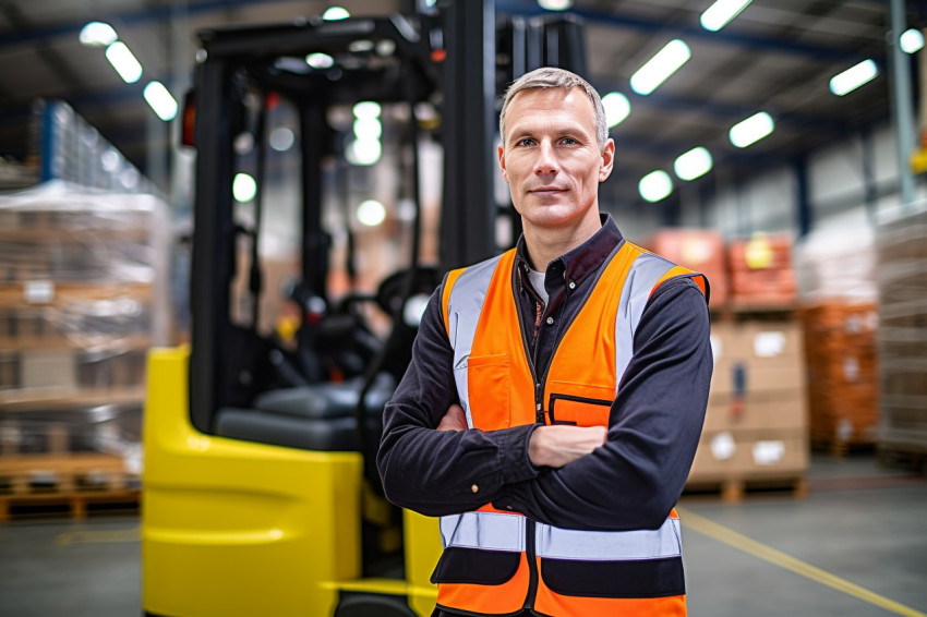 Machine operator confidently working on blurred background Machine operator confidently working on blurred background