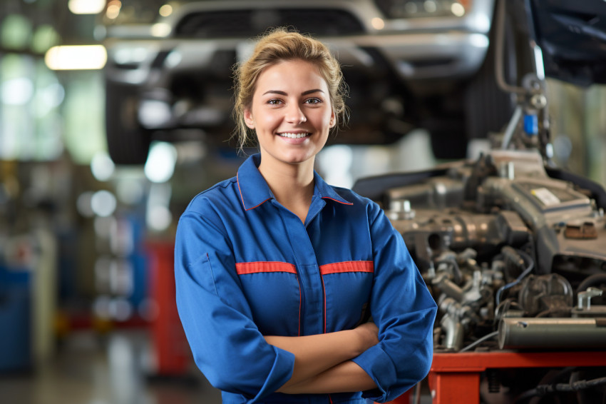 Female mechanic smiling on blurred background Female mechanic smiling on blurred background