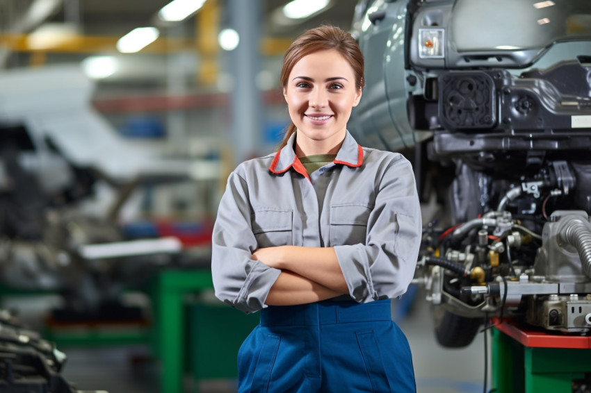 Female mechanic smiling on blurred background Female mechanic smiling on blurred background