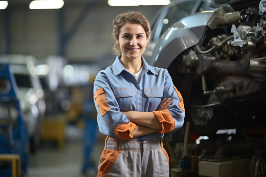 Female mechanic smiling on blurred background Female mechanic smiling on blurred background