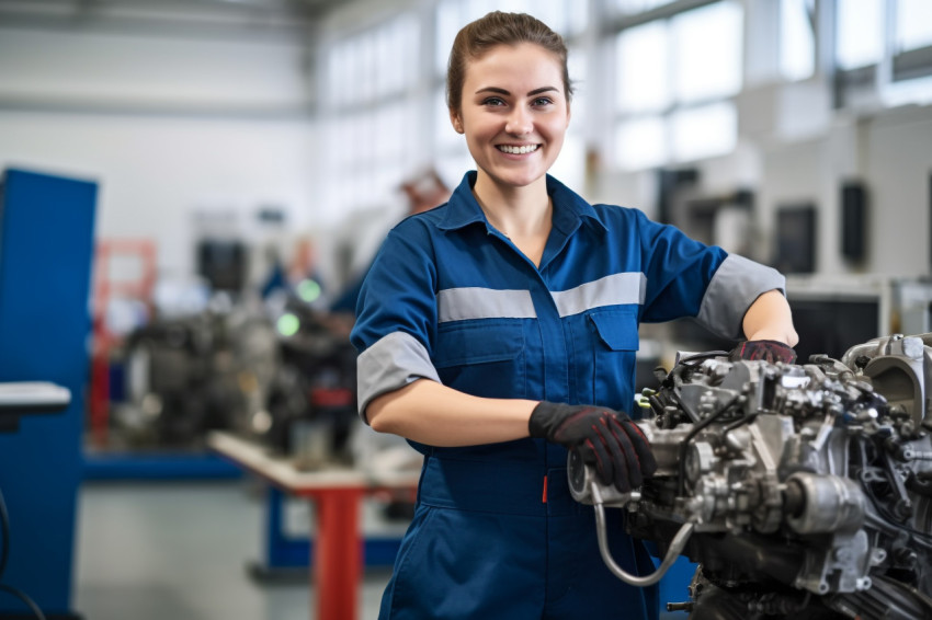 Female mechanic smiling on blurred background Female mechanic smiling on blurred background