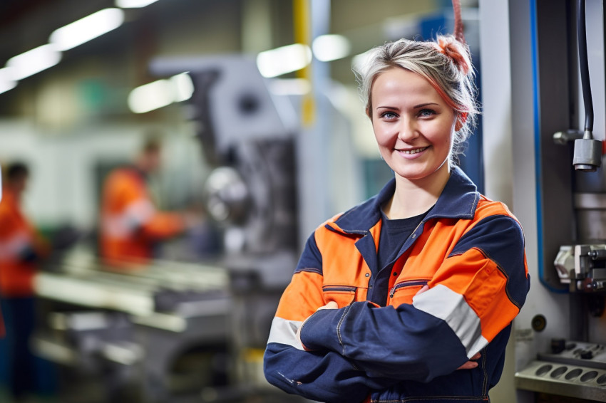 Smiling woman machinist working on blurred background Smiling woman machinist working on blurred background