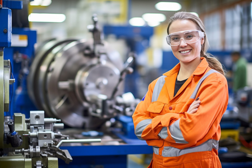 Smiling woman machinist working on blurred background Smiling woman machinist working on blurred background