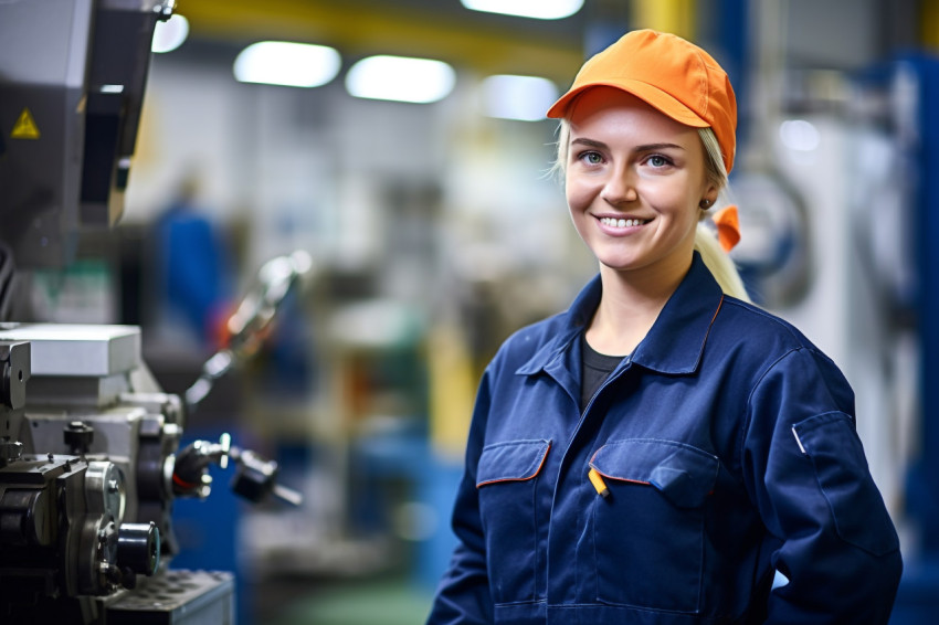 Smiling woman machinist working on blurred background Smiling woman machinist working on blurred background