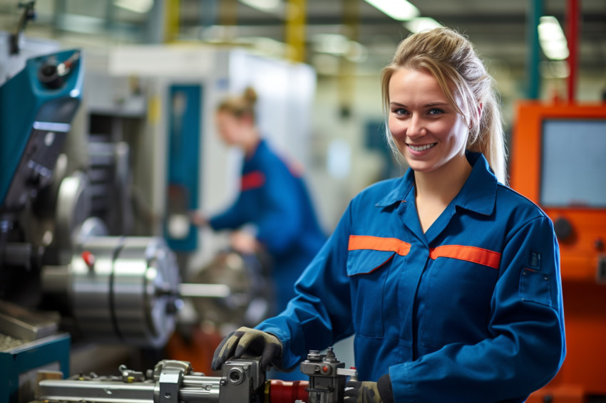 Smiling woman machinist working on blurred background Smiling woman machinist working on blurred background