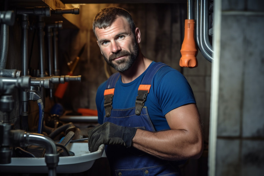 Smiling plumber working on blurred background Smiling plumber working on blurred background
