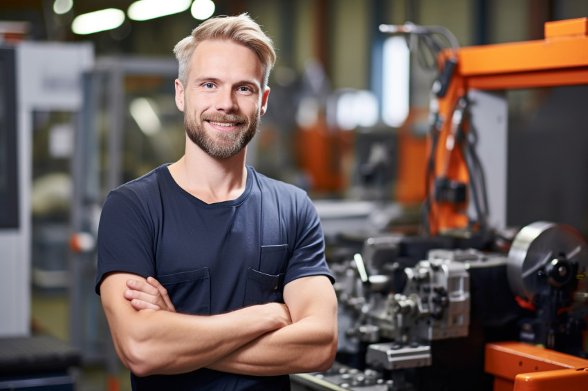 Smiling machinist working in a factory on blurred background Smiling machinist working in a factory on blurred background