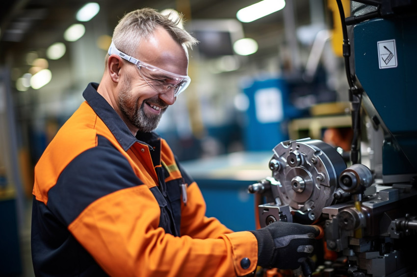 Smiling machinist working in a factory on blurred background Smiling machinist working in a factory on blurred background