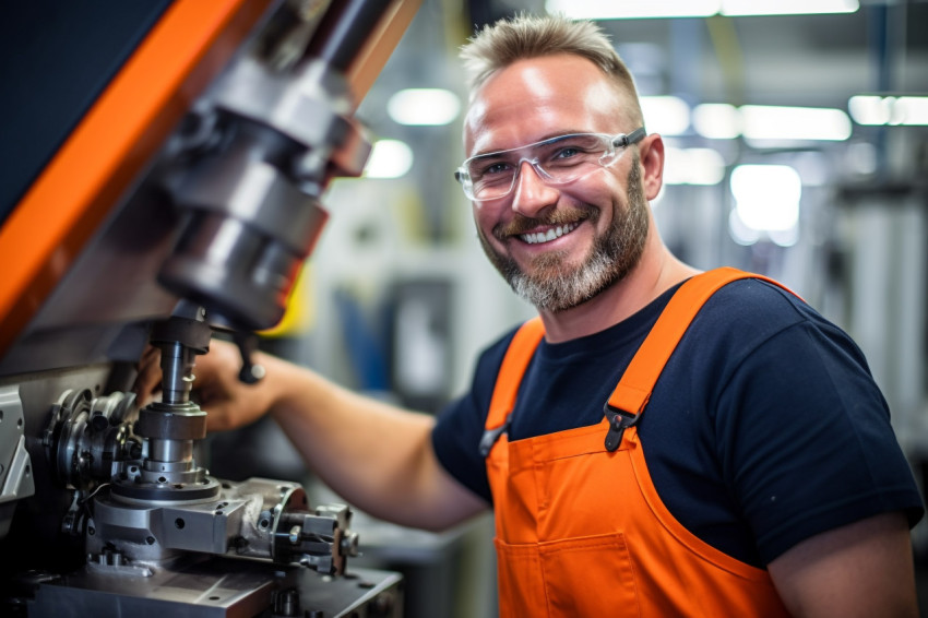 Smiling machinist working in a factory on blurred background Smiling machinist working in a factory on blurred background