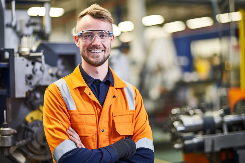Smiling machinist working in a factory on blurred background Smiling machinist working in a factory on blurred background