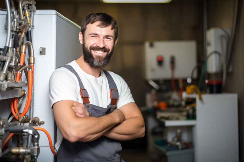 Smiling plumber working on blurred background Smiling plumber working on blurred background