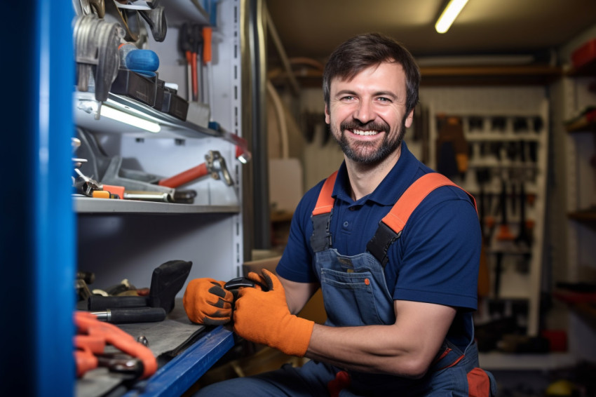 Smiling plumber working on blurred background Smiling plumber working on blurred background