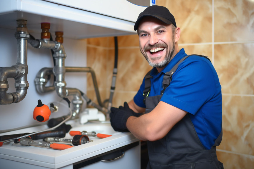 Smiling plumber working on blurred background Smiling plumber working on blurred background