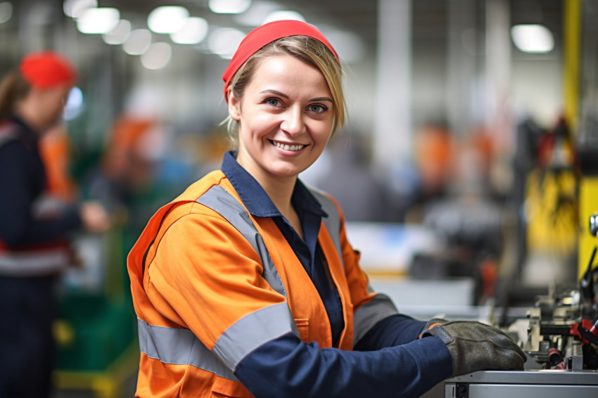 Smiling assembly line worker at work on blurred background Smiling assembly line worker at work on blurred background