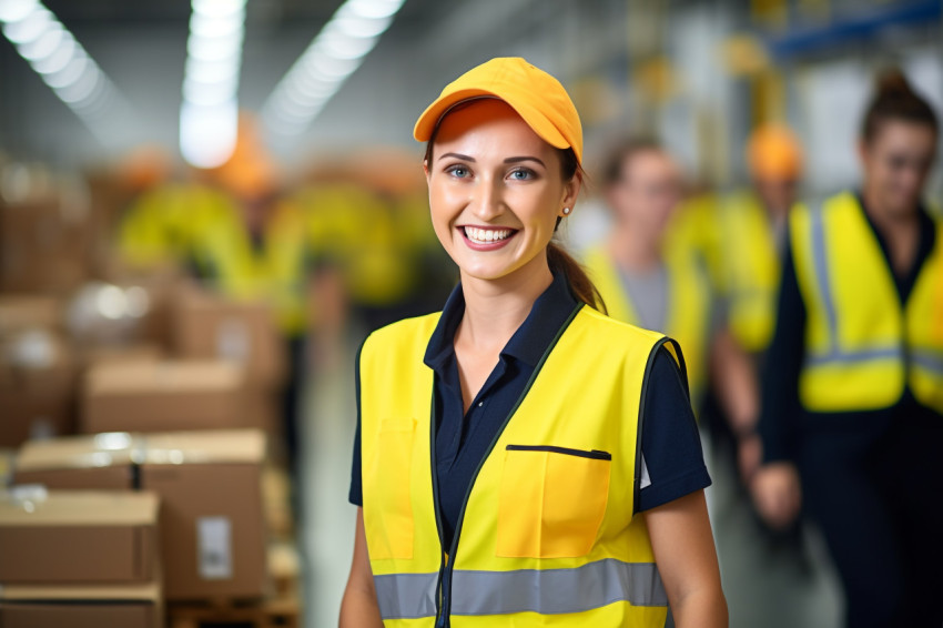 Smiling assembly line worker at work on blurred background Smiling assembly line worker at work on blurred background
