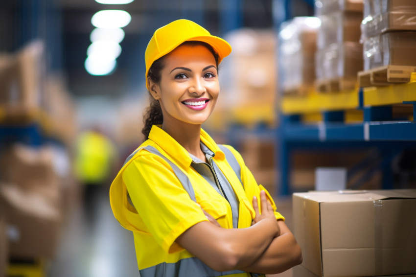 Smiling assembly line worker at work on blurred background Smiling assembly line worker at work on blurred background