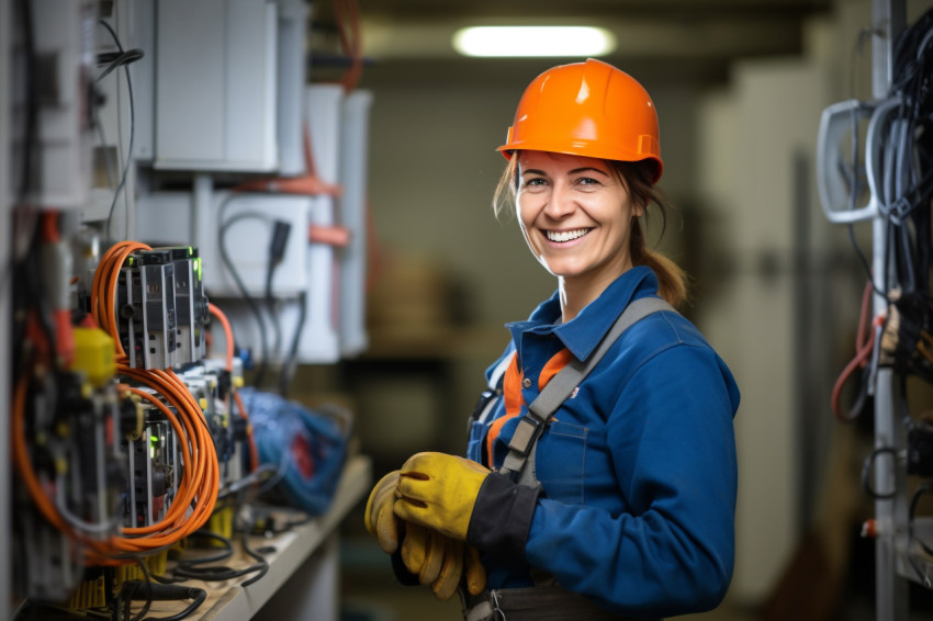 Electrician woman working on blurred background Electrician woman working on blurred background
