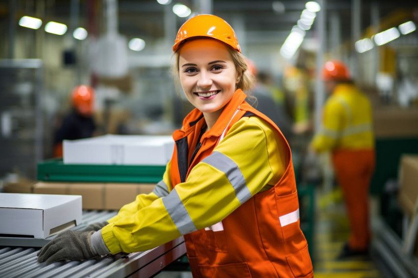 Smiling assembly line worker at work on blurred background Smiling assembly line worker at work on blurred background
