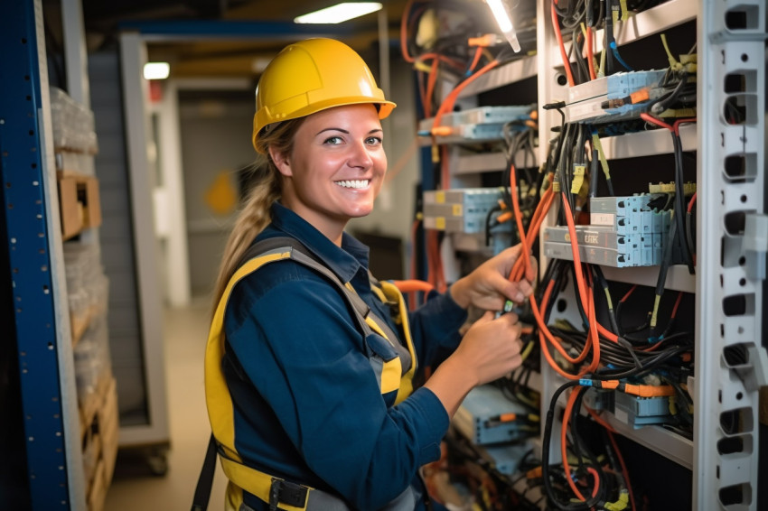 Electrician woman working on blurred background Electrician woman working on blurred background