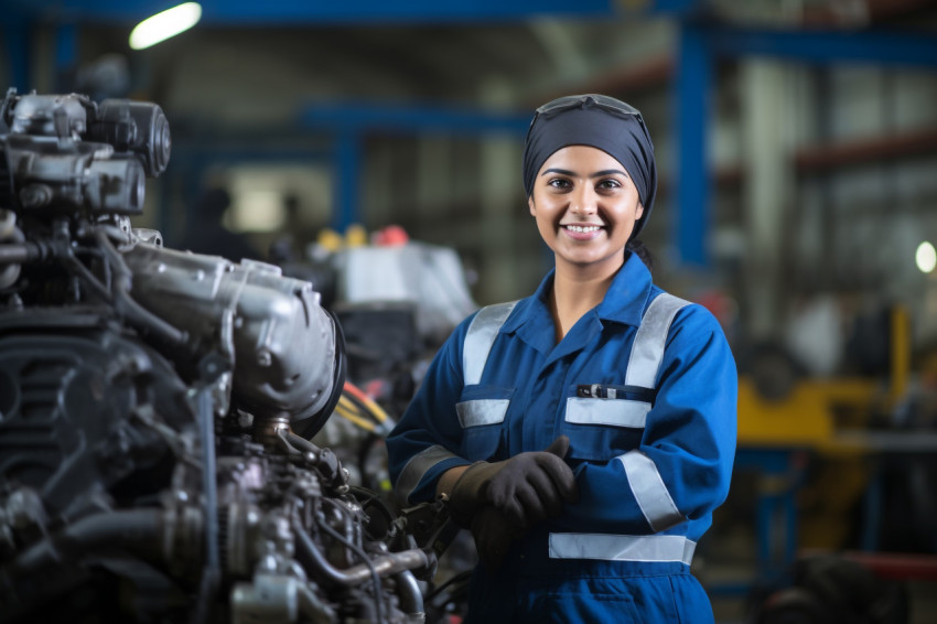 Indian woman mechanic smiling and working on blurred background Indian woman mechanic smiling and working on blurred background