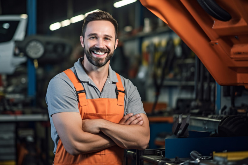 Mechanic working on a car with a friendly smile on blurred background Mechanic working on a car with a friendly smile on blurred background