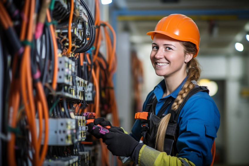 Electrician woman working on blurred background Electrician woman working on blurred background