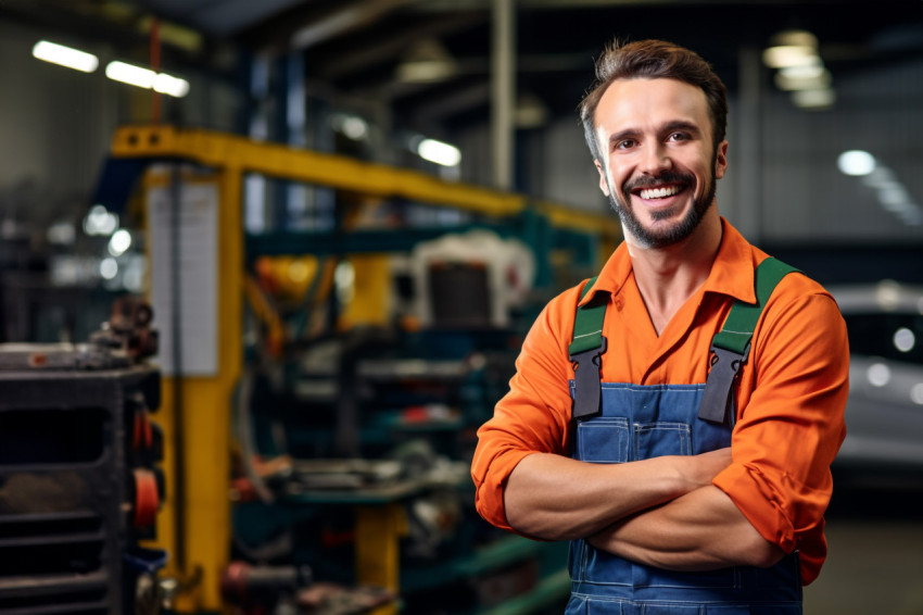 Mechanic working on a car with a friendly smile on blurred background Mechanic working on a car with a friendly smile on blurred background