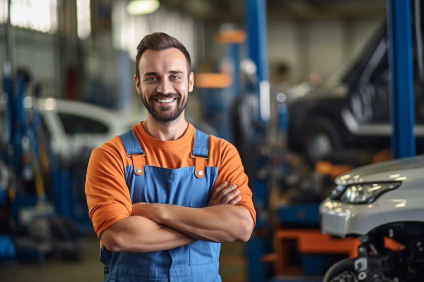 Mechanic working on a car with a friendly smile on blurred background Mechanic working on a car with a friendly smile on blurred background