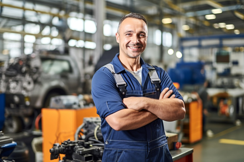 Mechanic working on a car with a friendly smile on blurred background Mechanic working on a car with a friendly smile on blurred background