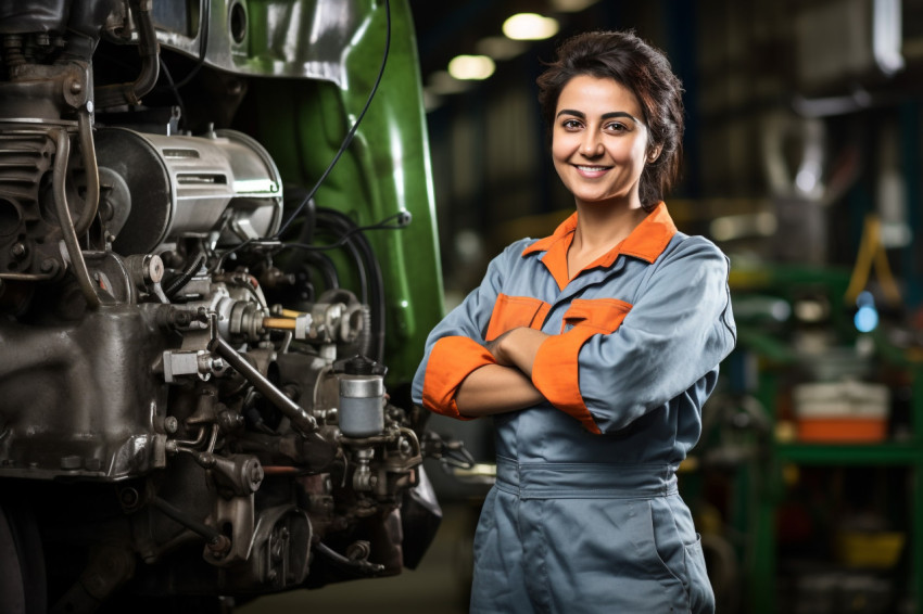 Indian woman mechanic smiling and working on blurred background Indian woman mechanic smiling and working on blurred background